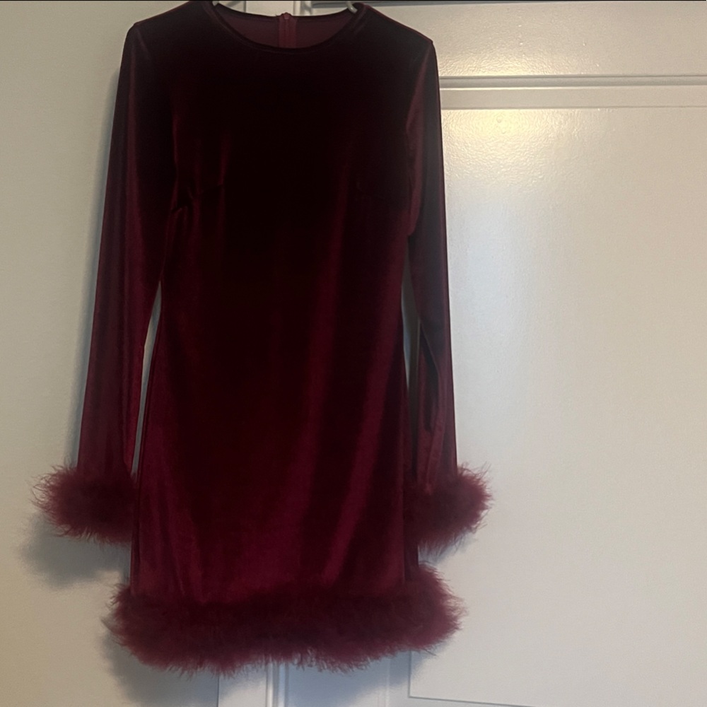 Burgundy Velvet Dress with Feather Trim